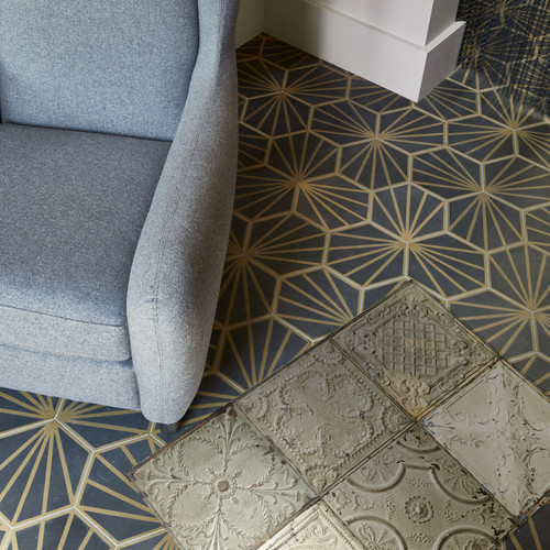 Beige patchwork antic tin tiles vinyl rug Dana
