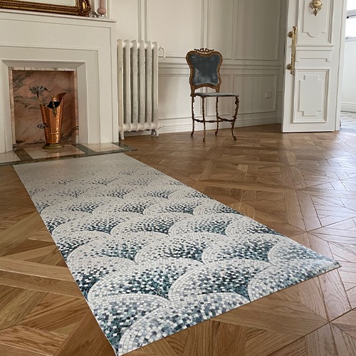 Blue mosaic Art Deco vinyl rug - runner size